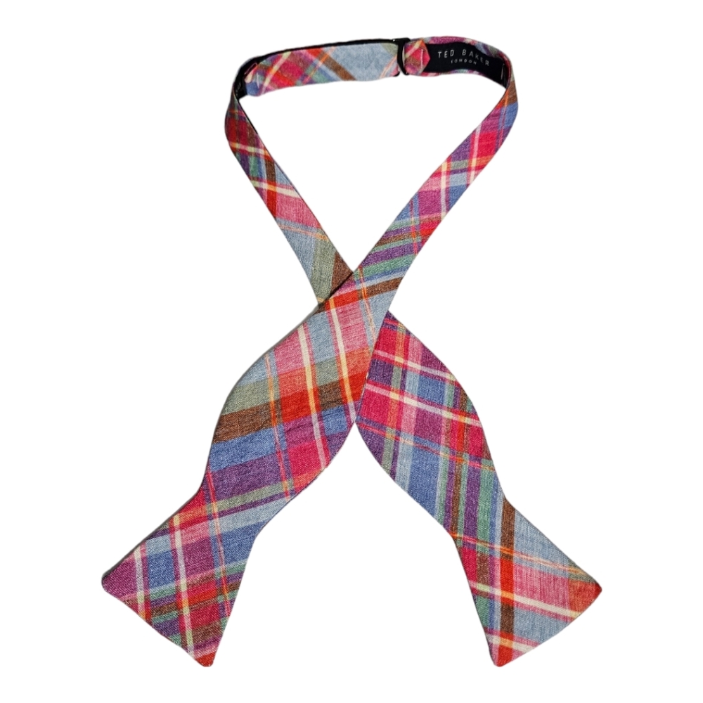 TED BAKER Blue/Red Tartan Linen DESIGNER Self Bow Tie USA
